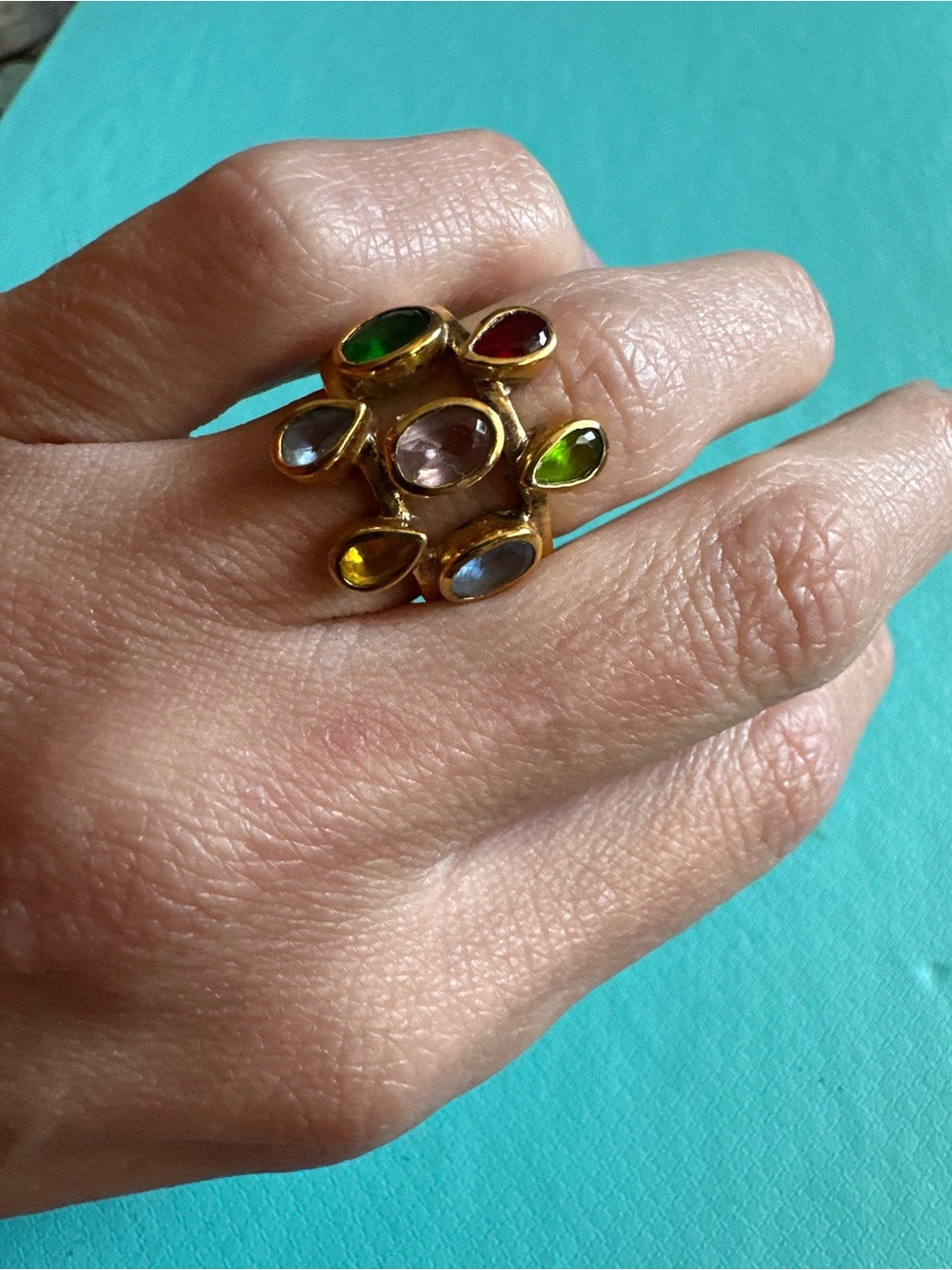 Vintage Sterling Gold Tone Multi Glass Stone Ring